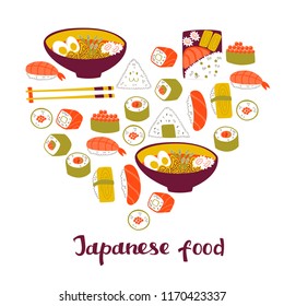 Heart Shape Hand Drawn Japanese Cuisine Elements Set and Lettering Japanesse Food