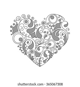 Heart shape with hand drawn ornament inside. Black and white style. Vector illustration