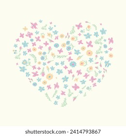 Heart shape hand drawn scribble floral clip art on isolated background