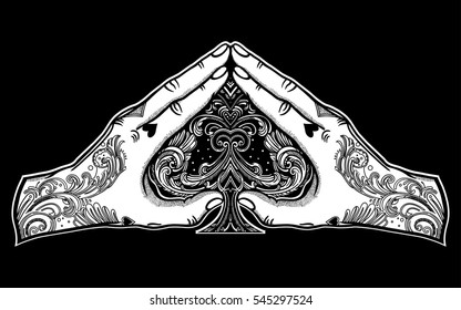 Heart shape hand gesture with a Ace of Spades . Hands are tattooed.Vector illustration isolated. Tattoo design, trendy luck symbol for your use.
