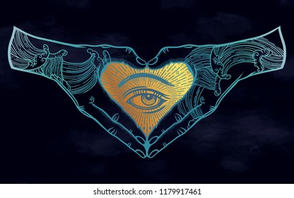 Heart shape hand gesture with an mystic eye inside