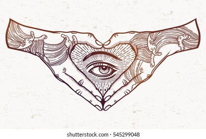 Heart shape hand gesture and an mystic eye inside  Hands are tattooed  Vector illustration isolated  Tattoo design  alchemy  religion  spirituality  occultism  ghetto street art 
