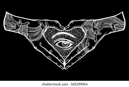 Heart shape hand gesture with an mystic eye inside. Hands are tattooed. Vector illustration isolated. Tattoo design, alchemy, religion, spirituality, occultism, ghetto street art.
