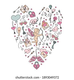 Heart shape hand-drawn element from cupid, heart, arrows, roses and wings. Valentine's Day elements in heart shape perfect for card design. Doodles vector illustration for Happy Valentine's day.   
