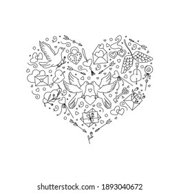 Heart shape hand-drawn element from doves, love envelopes, arrows and hearts. Valentine's Day elements in heart shape perfect for card design. Doodles vector illustration for Happy Valentine's day. 