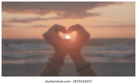 Heart shape hands framing golden sun at seaside sunset time with calm waves. Romantic couple gesture reflecting love and peace in beautiful warm light.