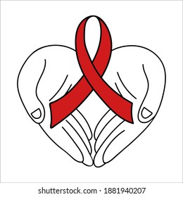 Herz-Form Hände, die rotes Band Vektorgrafik. Welthilfetag. Handgezeichnete Solidaritätszeichen