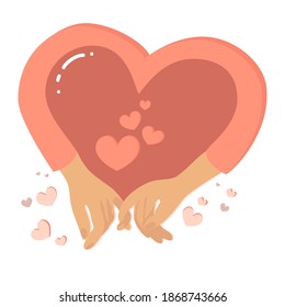 Heart shape with hands holds on to little fingers. Card for Love, Wedding, Valentine day, Family,  Friendship, Teenagers feeling. Flat vector illustration on white background. Hand drawn.