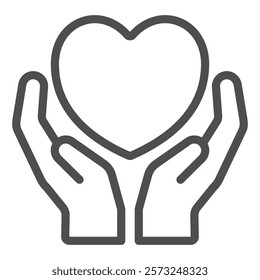 Heart shape and hands line icon, mother day concept. Vector graphics. Hands with heart, care sign on white background, outline style icon for mobile or web design