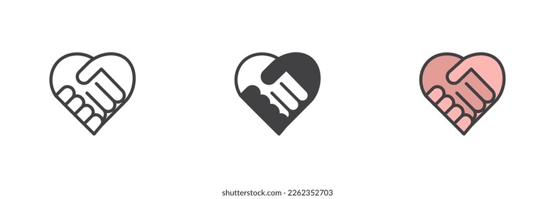 Heart shape handshake different style icon set. Line, glyph and filled outline colorful version, outline and filled vector sign. Charity symbol, logo illustration. Vector graphics