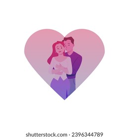 Heart shape with happy hugging couple flat style, vector illustration isolated on white background. Decorative design element, romantic relationships, boy hugs girl from behind