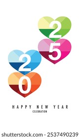 heart shape happy new year 2025 pink orange lime green and cyan text number on white color background design template, happy new year 2025 vector illustration, isolated on white background.