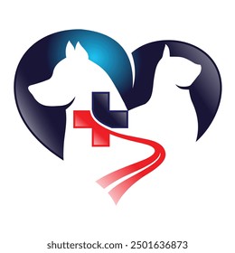 The heart shape has a dog and a cat inside and a blue and red cross symbol.