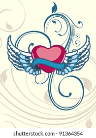 Heart shape having floral decorative wings in blue color on seamless floral background for Valentine Day.