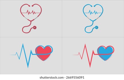 Forma do coração com design de vetor de linha de batimento cardíaco definido em 4 variações de cor. Perfeito para a consciência da saúde, Dia Mundial do Coração, temas médicos e de bem-estar