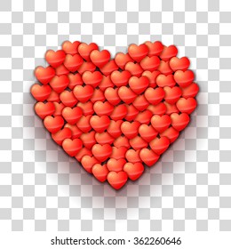 Heart shape of hearts on transparent grid. Valentine holiday vector illustration