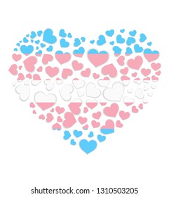 Heart shape with hearts in transgender pride flag colors. Large group of hearts in shape of big heart in transgender pride flag colors. Vector illustration.