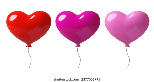 Heart shape helium balloons on a gold string. 3D realistic pink, red and purple Valentine's Day romantic party decorations set. Minimal three dimensional style vector design elements.