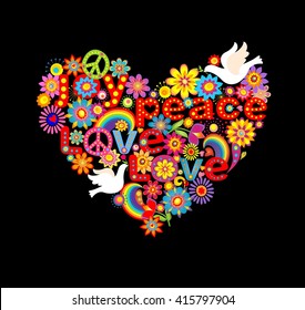 Heart shape with hippie symbolic and doves