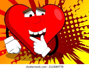 Heart Shape with holding finger front of his mouth as a cartoon character, funny red love holiday illustration.
