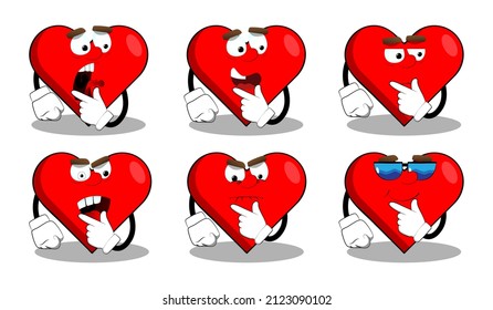 Forma cardíaca con el dedo portando la boca como personaje de caricatura, graciosa ilustración de la festividad del amor rojo.
