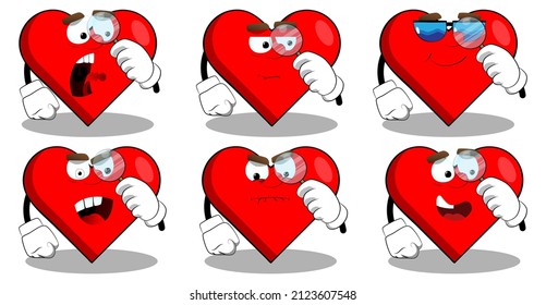 Heart Shape with holding a magnifying glass as a cartoon character, funny red love holiday illustration.