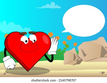 Heart Shape with holds hand at his ear, listening as a cartoon character, funny red love holiday illustration.