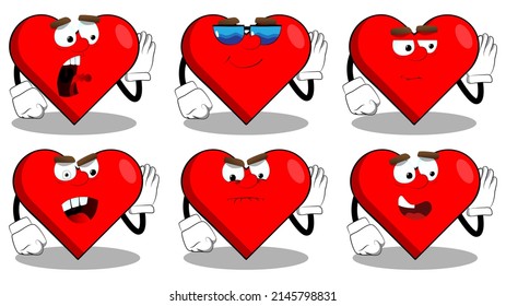 Heart Shape with holds hand at his ear, listening as a cartoon character, funny red love holiday illustration.