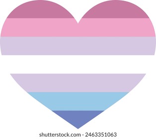 heart shape with horizontal striped bi gender color inside, heart icon vector illustration.