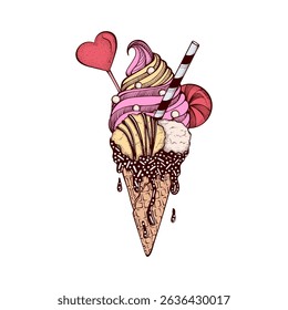Heart Shape Ice Cream with Candy and Chocolate Cream Dessert Vector Isolated Illustration, Retro Sketch Hand Drawn Design for Cafe or Restaurant