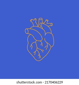 Symbol Herzform. Anatomie, gelbe Umrisssymbol einzeln auf blauem Hintergrund, handgezeichnet