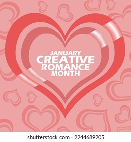 Heart shape icon with heart decoration pattern and bold text on pink background to celebrate Creative Romance Month on February