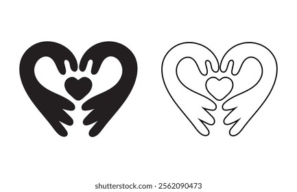 Heart shape icon embraced by hands, solid and outline vector art illustration.