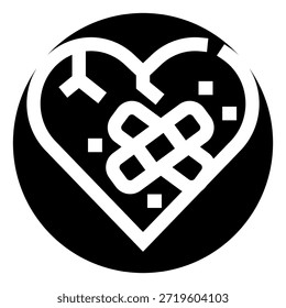 Icono de forma de corazón con un intrincado diseño de nudo celta, rodeado de Pequeños Elementos cuadrados, que simbolizan el amor eterno, el compromiso y la conexión espiritual dentro de un sólido círculo negro