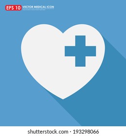 Heart shape icon with first aid sign on blue background