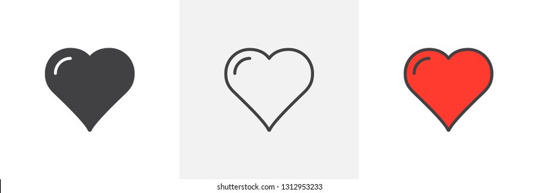 Heart shape icon. Line, glyph and filled outline colorful version, love heart outline and filled vector sign. Love and valentines day symbol, logo illustration. Different style icons set. 