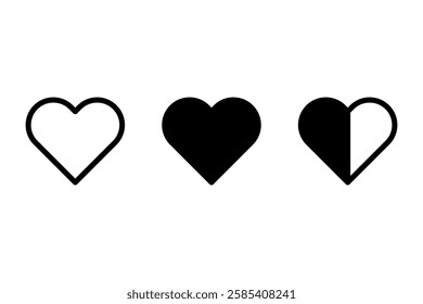 Heart shape icon. Love outline figure. Solid black symbol. Vector half fill.