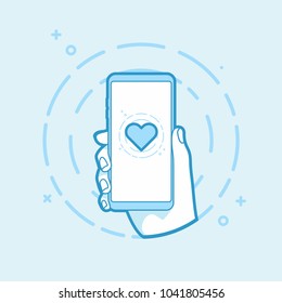 Heart shape icon on smartphone screen. Hand holding smartphone. Modern vector outline object.