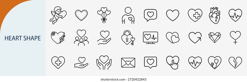 heart shape icon set love romance medical flat minimal black line art