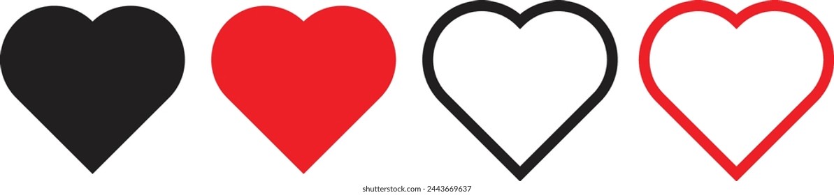 Vectores de iconos de forma de corazón. Conjunto de iconos del corazón del amor con sólido y contorno.