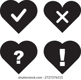 Herzform-Symbole mit einem Auswahlkästchen Fragezeichen, Kreuz- und Ausrufezeichen-Symbole