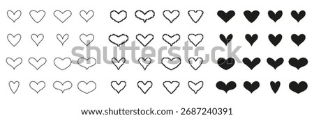 Heart Shape Icons Set in Line, Silhouette, Pixel Art Style. Love And Emotion Symbol Collection. Isolated Vector Illustration.