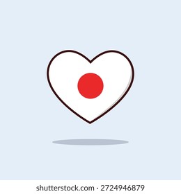 Ilustração em forma de coração com o design da bandeira do Japão com um círculo vermelho em um fundo branco. Ícone cardíaco em estilo cartoon plano simbolizando amor, patriotismo, unidade e identidade nacional. Adequado para conceitos como cultura japonesa, orgulho do país, relações internacionais, amor global, diplomacia e temas do Dia dos Namorados. Isolado em fundo claro, ideal para banners, cartazes, mídias sociais, sites, apresentações e ambos uso comercial ou editorial.