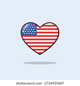 Ilustração em forma de coração com o design da bandeira dos Estados Unidos da América com estrelas e listras. Ícone cardíaco em estilo cartoon plano simbolizando amor, patriotismo, liberdade, democracia e orgulho nacional. Perfeito para conceitos como cultura americana, dia da independência, relações internacionais, unidade global, Dia dos Namorados e identidade nacional. Isolado sobre fundo claro, adequado para banners, cartazes, mídias sociais, sites, apresentações e uso comercial ou editorial.