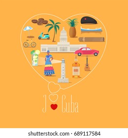 Heart shape illustration with I love Cuba quote. Cuban landmarks, food, art vector icons. Travel to Cuba concept banner