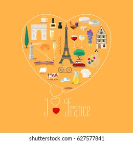 Heart shape illustration with I love France text. French landmarks, food, fashion vector icons. Travel to France concept poster