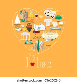 Heart shape illustration with I love Greece sign. Greek  landmarks, food, ruins vector icons. Travel to Greece concept poster