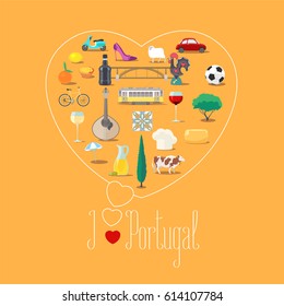 Heart shape illustration with I love Portugal sign. Portuguese landmarks, food, art vector icons. Travel to Portugal concept banner