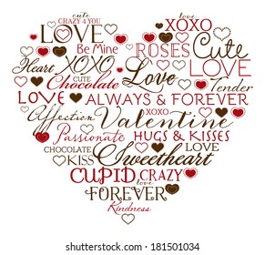 Heart shape illustration with whimsical characters and hearts.
