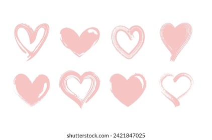 Heart shape illustrations made with brush stroke. Vector collection of hand drawn grunge Valentine hearts. Isolated on white background.